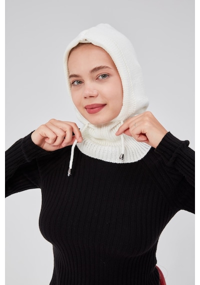 Derikem Lüks Kadın Kışlık Balaclava Triko Örme Başlık Beyaz