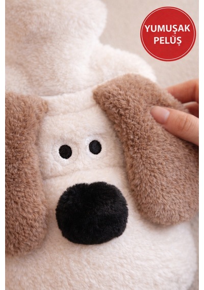 Beyaz Gromit Figürlü Eldivenli Sıcak Su Torbası Peluş Kılıflı, Karın El Isıtıcı Renkli