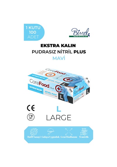Ekstra Kalın Nitril Mavi Plus Muayene Eldiveni L - 1 Paket 100'lü