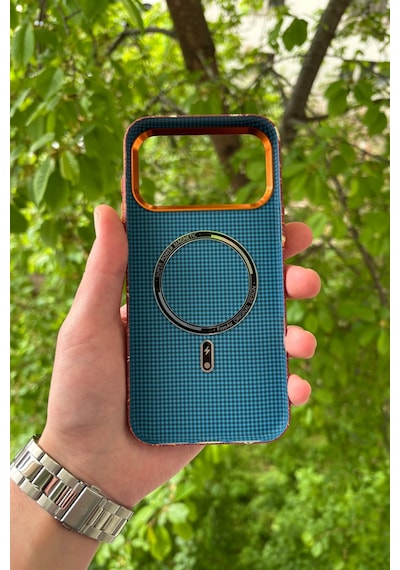 Apple iPhone Uyumlu 17 Pro Deniz Dalgası Desenli Soft Dokulu Karbon Fiber Magsafe Kılıf Turuncu