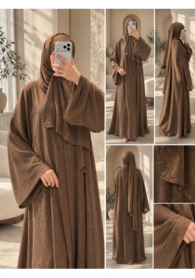 Şakika Kadın Shine Abaya Ferace & Şal - Standart Beden & Farklı Boy Kahverengi