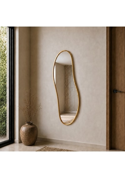 Modern Organik Form Banyo Aynası 40x120 Cm Asimetrik Minimalist Dekoratif Duvar Aynası Altın