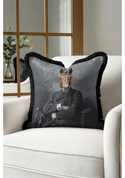 Avangart Portre Lüx Saçaklı Yastık Kılıfı-elegan Hayvan Figürü Gri Modern Püsküllü Kırlent Kılıfı Çok Renkli