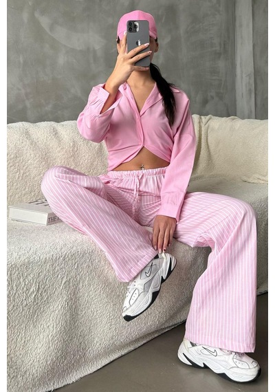Madmext Pembe Beli Ayarlanabilir Çizgili Cepli Bol Paça Kadın Pantolon Mg2312 Pembe
