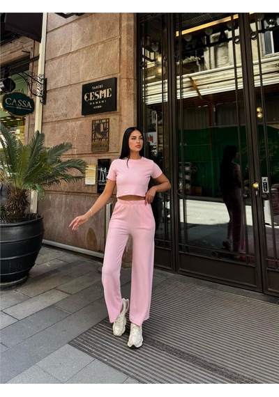 WeShaya Pembe Modal Keten Dokulu Bisiklet Yaka Takım Pembe