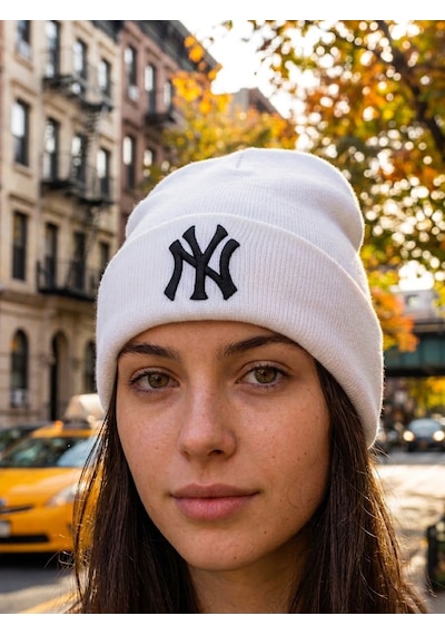 Hamze Ny New York Nakışlı Unisex Pamuklu Akrilik Kışlık Bere Beyaz