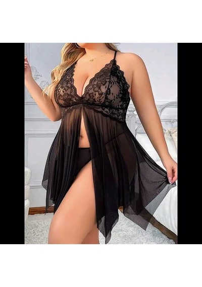 Ang Butik Kadın Siyah Tül Büyük Beden Gecelik
