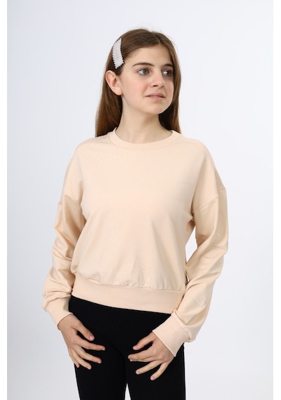 Toontoy Kız Çocuk Düşük Omuz Gazeli Okul Sweatshirt Bej