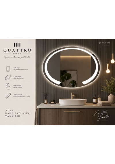 Kesik Oval Işıklı Banyo Aynası 70 50 100-80 Çap Açık Gri
