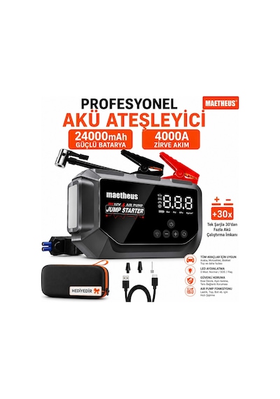 24000 Mah 4in1 Akü Takviye Cihazı 150 Psı Kompresör Lastik Şişirme Powerbank Eva Çanta 4000a Tepe Akım