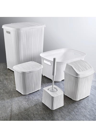 Dalgalı 5 Parça Banyo Seti Kirli Çamaşır Sepeti Deterjanlık Çöp K Beyaz