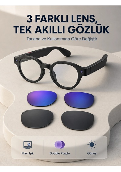 Mey İthalat Siyah Akıllı Kamera Gözlüğü Fotoğraf Video Çekimli Yapay Zeka Destekli Bluetooth Çoklu Dil Çevi