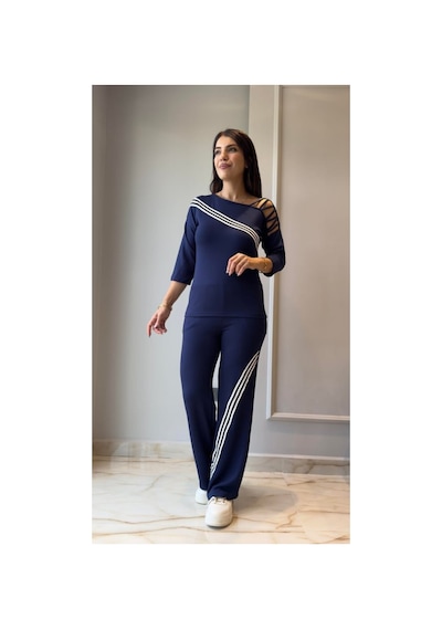 Butik İstanbul Kadın Uzun Kollu Truvakar Kol Tek Omuz Çapraz Şerit Detaylı Ribanalı Viskon Iki Iplik Bluz Ve Pantolon Ikili Takım Lacivert