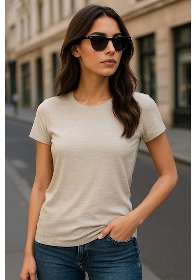 Kadın %100 Organik Pamuklu Relaxed Yıkamalı T-shirt Bisiklet Yaka Kısa Kollu Kadın Basic Tişört Bej