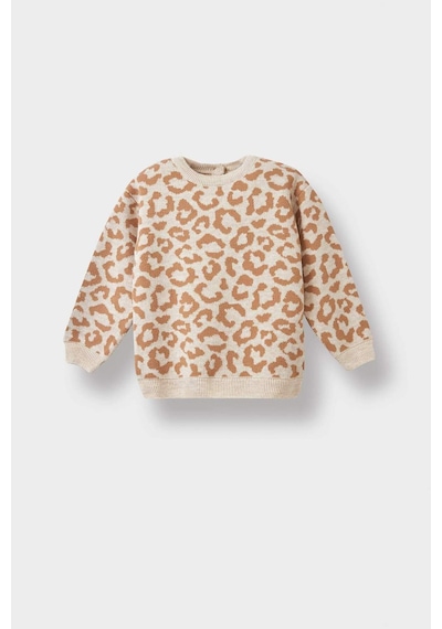 Defacto Kız Bebek Bisiklet Yaka Leopar Desenli Kazak F2602a525wnbg744 Bej