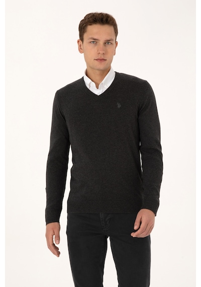 U.S. Polo Assn. Erkek Slim Fit V Yaka Antrasit  Melanj Basic Triko Kazak 50313662-VR081