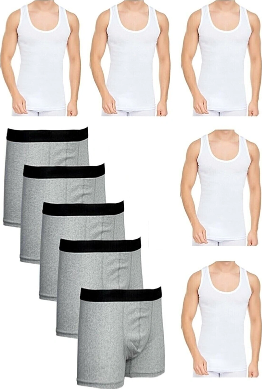 Tezzgelsin Erkek 10 Parça Atlet Ve Boxer Takımı Ekonomik Paket Atlet Ve Boxer Set 5 Atlet 5 Boxer Beyaz - Gri