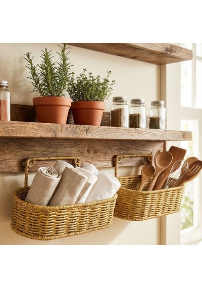 2'li Duvar Askılı Plastik Rattan Organizer Oval Hasır Görünümlü Mutfak Raf Sepeti, Banyo Ve Ev İçi Düzenleme Ünitesi Çok Renkli