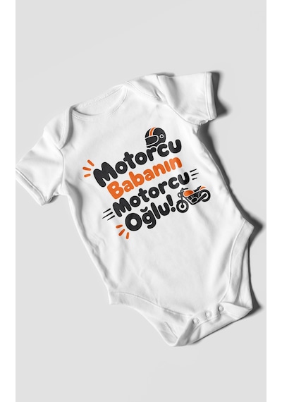 Morivokids Motorcu Babanın Motorcu Oğlu Kısa Kollu Bebek Body %100 Pamuk Beyaz