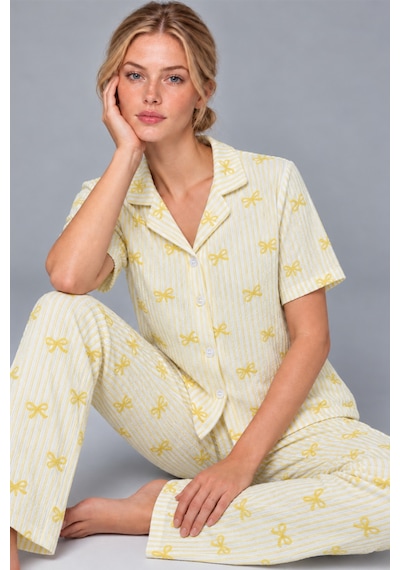 Kadın Gömlek Yaka Desenli İkili Sarı Pijama Takımı 4795