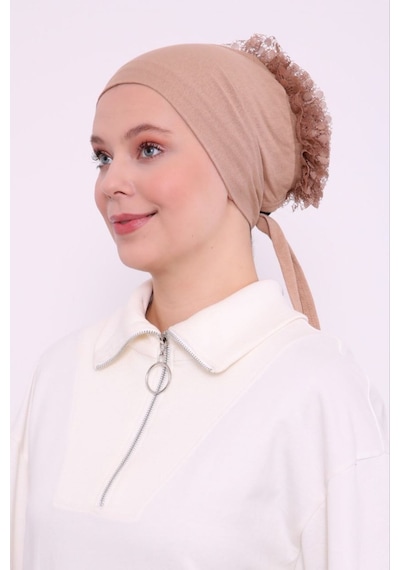 Melodi Scarf Kadın Tesettür Önü Dikişsiz Fırfırlı Penye Bone Sütlü Kahve Sütlü Kahverengi