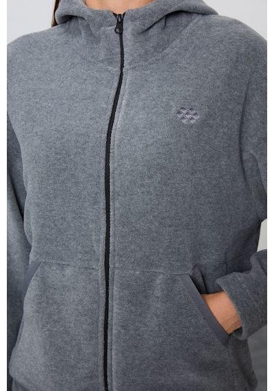Tommy Life Gri Melanj Kalın Yumuşak Dokulu Kapüşonlu Oversize Nakışlı Polar Kadın Eşofman Takım -95338 GRİ MELANJ