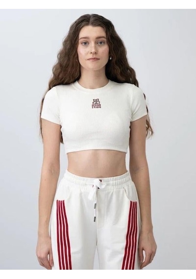Zekids Kız Çocuk Fitilli Yarım Kollu Crop T-shirt-15799 Krem Bordo