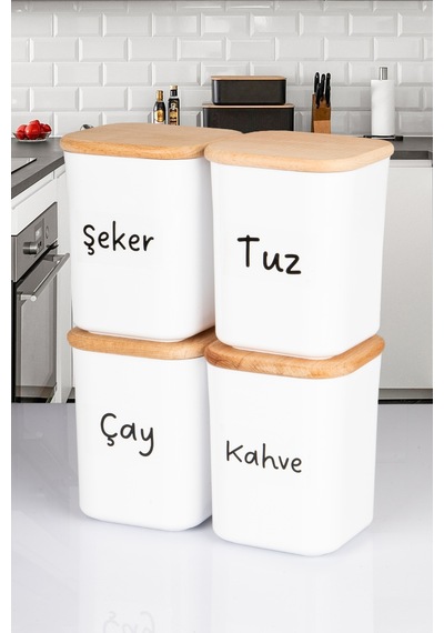 4'lü Ahşap Vakumlu Kapaklı Kare Akrilik Çay Şeker Kahve Tuz Erzak Saklama Kabı 900 Ml Şeffaf