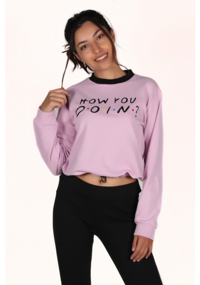 Makentmoda Kadın Pembe How You Doın Baskılı Sweatshırt S