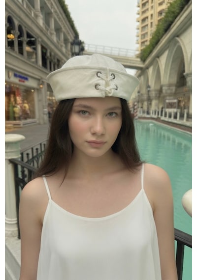 Mollycrush Beyaz Kadın Denizci Şapkası Bağcıklı Vintage Sailor Cap Beyaz