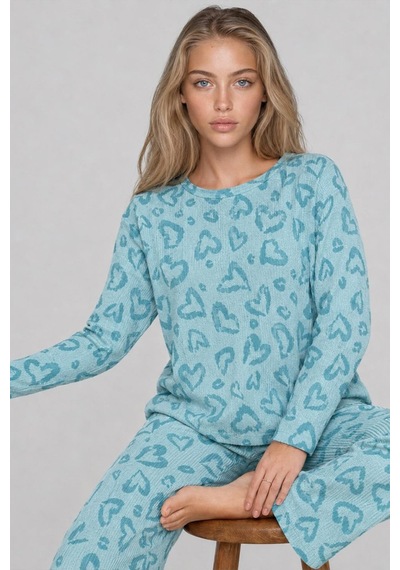 Kadın Desenli Uzun Kollu Mint Yeşili Pijama Takımı 4760