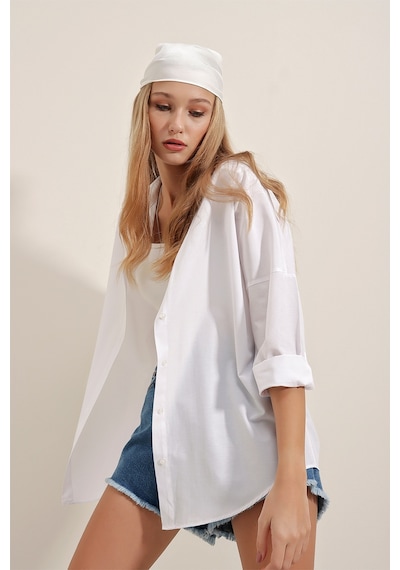 Bigdart 3900 Oversize Uzun Basic Kadın Gömlek Beyaz