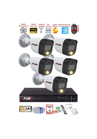 Fury 5 Kameralı 5mp Lens 2 Mp Görüntü Gece Renkli Full Hd Ultra Led Akıllı Güvenlik Kamerası Seti 1 Tb