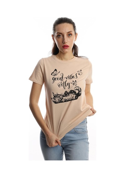 Kadın Good Vibes Only Yazı Baskılı Tişört Bej