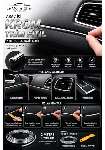 Tesla Model 3 Long Range Araç İçi Krom Trim Fitil 2 Metre Nikelaj Dekoratif Şerit