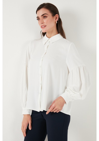 Lela Regular Fit Dikiş Detaylı Düz Yaka Balon Kol Bayan Gömlek 611Go00003 Ekru