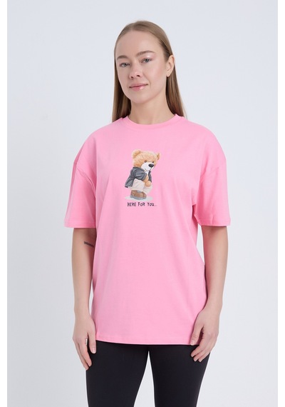 Velvoria Oversize Kadın Here For You Baskılı Pembe Renk T-shirt