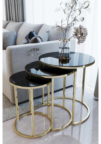 Ecol Desings Ecol Gold Metal Zigon Sehpa Siyah Kırılmaz Cam Altın