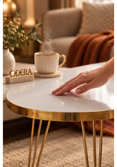Odera Beyaz Oval Orta Sehpa Ve Yuvarlak Zigon Sehpa 4'lü Set Metal Ayaklı Retro Modern Salon Sehpası Beyaz - Altın