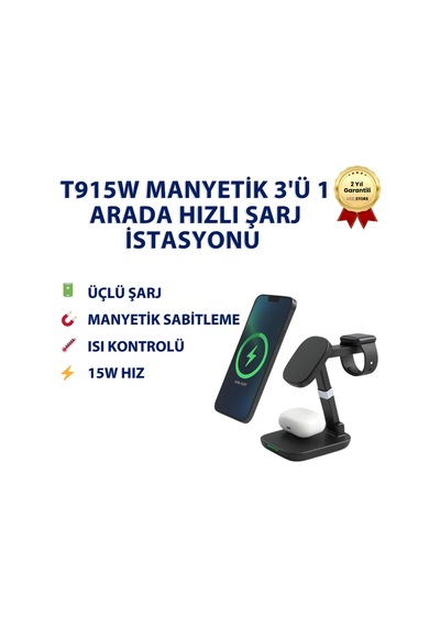 Eıma T9 15w Manyetik 3'ü 1 Arada Hızlı Şarj İstasyonu tüm Akıllı Telefonlar Apple Uyumlu iPhone Watch Ve Airpods Standı 1568