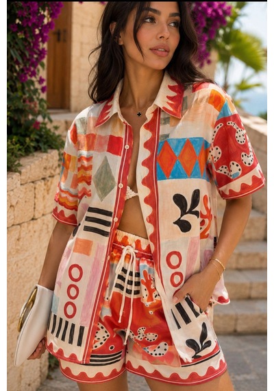 Asprinfashion Kadın İthal Sanatsal Desenli Gömlek Şort Takım Oversize Yazlık Viskon İkili Takım Kremit Asprinfashion Kadın İthal Sanatsal Desenli Gömlek Şort Takım Oversize Yazlık Viskon İkili Takım Kremit