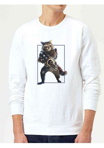 Roket Rakun Galaxy Baskılı Beyaz Erkek Örme Sweatshirt