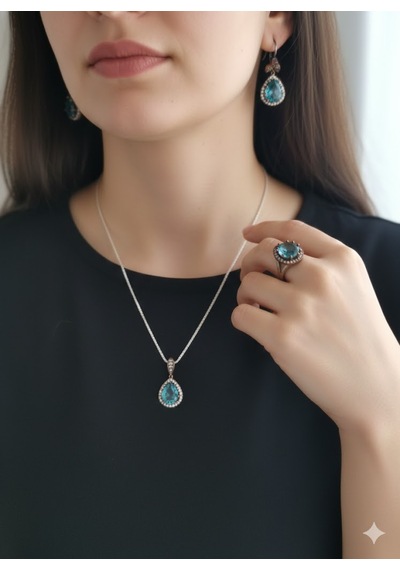 Safir Ve Zirkon Gümüş Set Bronz