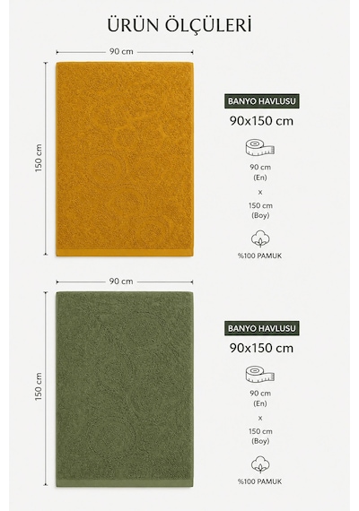 2'li Jakarlı Büyük Boy Banyo Havlusu 90x150 Cm %100 Pamuk Lorea 650 Gr Yeşil-hardal