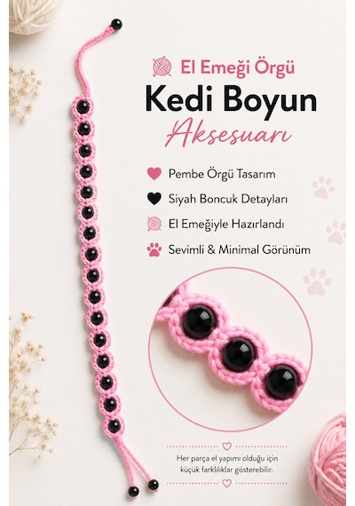 El Örgüsü Kedi Boyun Aksesuarı Pembe Siyah Boncuklu El Yapımı Kedi Tasması Dekoratif Örgü Yaka