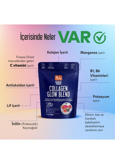 Pol's Freeze Fresh Glow Blend 100 G, Dondurularak Kurutulmuş Meyve Tozu, Kolajen, İnülin, Yüksek Lif, Manganez