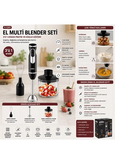 El Blender Seti 700 Ml Paslanmaz Çelik Bıçak 2 Hız