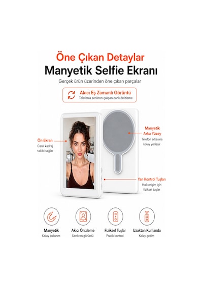 Manyetik Arka Kamera Özçekim Vlog Ekranı Selfie Ekranı Telefon Ekran Yansıtma Uzaktan Kumandalı Beyaz