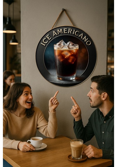 Ice Americano Temalı Yuvarlak Cafe Tabelası, Jüt İpli Ahşap Duvar & Kapı Dekoru, Barista Tarz Süs