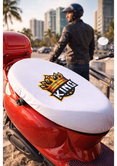 Kemboss King Baskılı Motor Sele Kılıfı Lastikli Bağlamalı Universal Uyumlu Motosiklet Koltuk Koruyucu